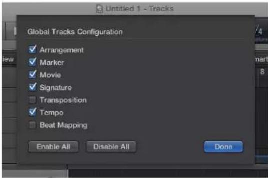 Untitled 1 - Tracks Global Tracks Configuration ✓ Arrangement ✓ Marker ✓ Movie ✓ Signature □ Transposition ✓ Tempo □ Beat Mapping Enable All Disable All Done