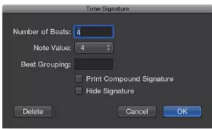 Time Signature Number of Beats: 4 Note Value: 4 Beat Grouping: Print Compound Signature Hide Signature Delete Cancel OK