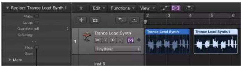Region: Trance Lead Synth.1 Mute: Loop: Quantize off Q-Swing: Flow: Gain: More Edit Functions View Trance Lead Synth M S R I Rhythmic Trance Lead Synth Trance Lead Synth.1 Inst 6