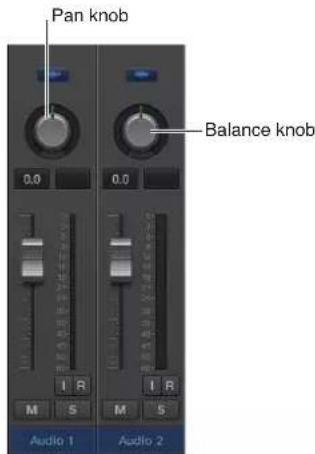 Pan knob, Balance knob, 0.0, 0.0, I R, M S, M S, Audio 1, Audio 2.