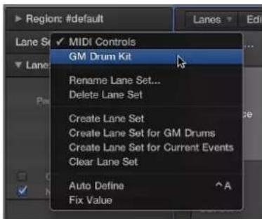 Region: #default Lane Set ✓ MIDI Controls GM Drum Kit Rename Lane Set... Delete Lane Set Create Lane Set Create Lane Set for GM Drums Create Lane Set for Current Events Clear Lane Set Auto Define Fix Value