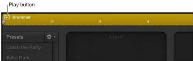 Play button. Drummer Presets: Crash the Party, Echo Park, Loud