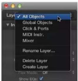 All Objects Global Objects Click & Ports MIDI Instr. Mixer Rename Layer... Delete Layer Create Layer Flex Mode: Off Show EQs: ✓