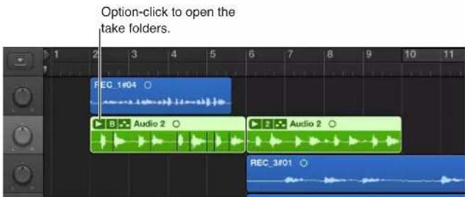 Option-click to open the take folders. REC_1#04 ○ B Audio 2 ○ Audio 2 ○ REC_3#01 ○