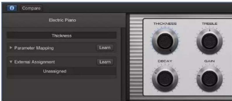 Compare Electric Piano Thickness ► Parameter Mapping Learn ► External Assignment Learn Unassigned THICKNESS TREBLE DECAY GAIN