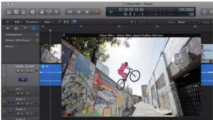 Urban Bike - Tracks 01 00:28:12.40 16 2 1 120.0000 130 Edit Functions View Arrangement Marker: MIDI Region Movie Urban...os 422 Inst 1 Audio 2 Audio 3 Audio 4 Urban Bike - Urban Bike, Apple ProRes 422.mov