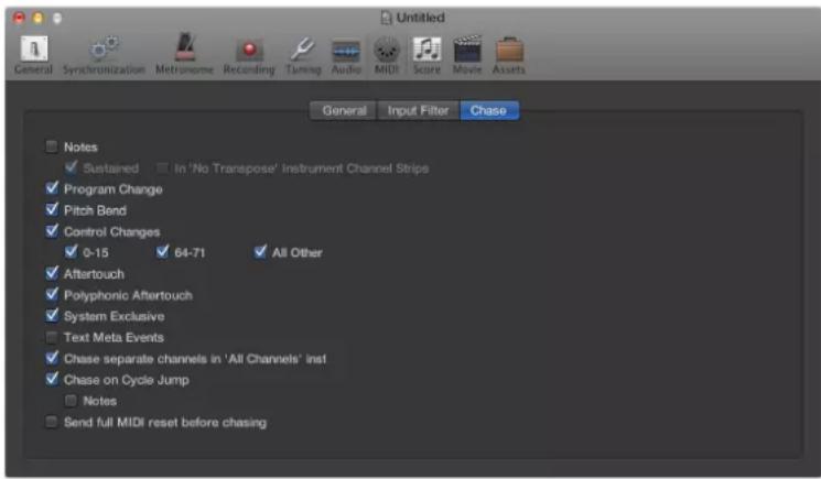 General Synchronization Metronome Recording Tuning Audio MIDI Score Movie Assets General Input Filter Chase Notes ✓ Sustained In 'No Transpose' Instrument Channel Strips ✓ Program Change ✓ Pitch Bend ✓ Control Changes ✓ 0-15 64-71 All Other ✓ Aftertouch ✓ Polyphonic Aftertouch ✓ System Exclusive □ T…