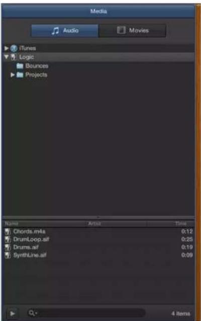 Media Audio Movies iTunes Logic Bounces Projects Name Artist Time Chords.mila 0:12 DrumLoop.af 0:25 Drums.af 0:19 SynthLine.af 0:09 4 Items