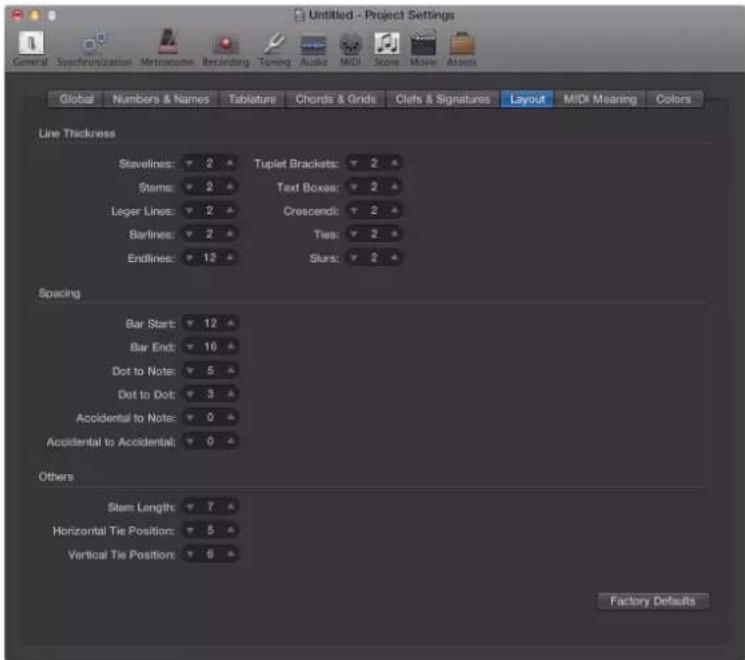 Untitled - Project Settings General Synchronization Metronome Recording Tuning Audio MIDI Score Movie Assets Global Numbers & Names Tablature Chords & Grids Clefs & Signatures Layout MIDI Meaning Colors Line Thickness Stavelines: 2 Tuplet Brackets: 2 Stems: 2 Text Boxes: 2 Leger Lines: 2 Crescent: 2…