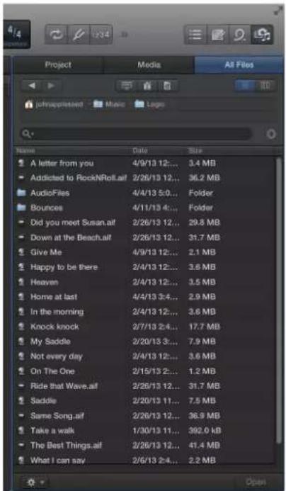 Project Media All Files: A letter from you, 4/9/13 12:... 3.4 MB; Addicted to RockNRoll.ai, 2/26/13 12:... 36.2 MB; AudioFiles, 4/4/13 5:0... Folder; Bounces, 4/11/13 4:... Folder; Did you meet Susan.ai, 2/26/13 12:... 29.8 MB; Down at the Beach.ai, 2/26/13 12:... 31.7 MB; Give Me, 4/9/13 12:... 2.1…