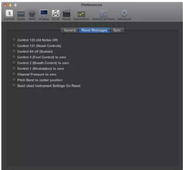 Preferences General Audio MIDI Display Score Movie Automation Control Surfaces Advanced General Reset Messages Sync Control 123 (All Notes Off) Control 121 (Reset Controls) Control 64 off (Sustain) Control 4 (Foot Control) to zero Control 2 (Breath Control) to zero Control 1 (Modulation) to zero Cha…