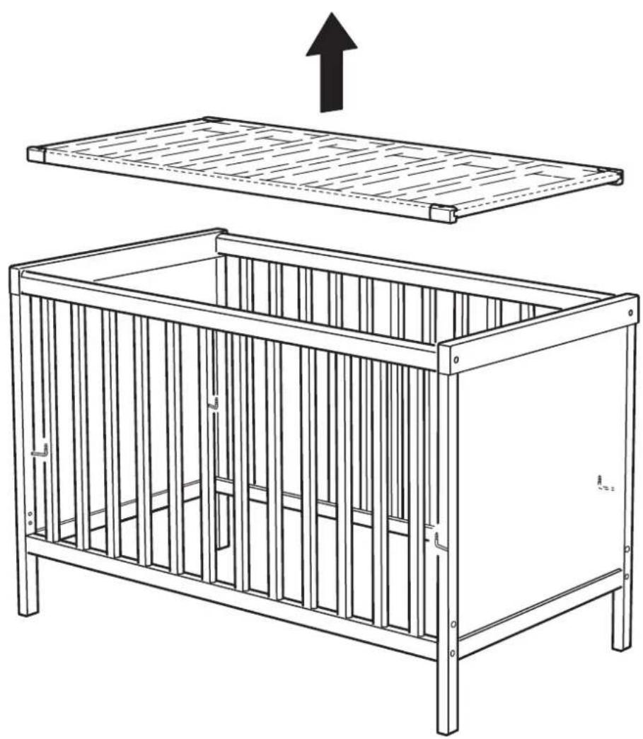 Line drawing of a baby crib with an upper panel and lower panel, showing structural details (no text or symbols)