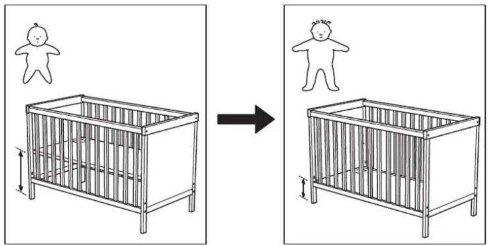 Diagram showing baby furniture replacement from a simple bed to a larger crenn, with height measurements indicated.