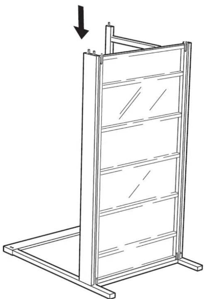 Line drawing of a metal-framed storage unit with a downward arrow indicating compression or clearance (no text or symbols)