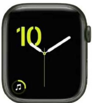 Smartwatch face showing 10:00 with hands and musical note icon (no readable text or symbols beyond clock face)