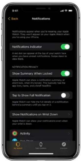 9:41 Back Notifications Notifications appear when you're wearing your Apple Watch. They aren't appear on your Apple Watch when you're using your iPhone. Notifications Indicator A red dot can appear at the top of your watch face when you have unread notifications. Swipe down to view them. NOTIFICATIO…