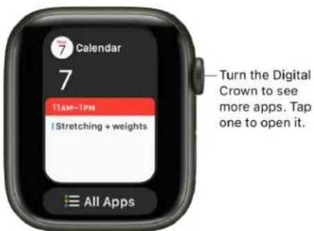 7 Calendar 7 11AM-1PM Stretching + weights Turn the Digital Crown to see more apps. Tap one to open it. All Apps