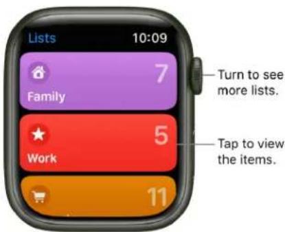 Lists 10:09 Family 7 Turn to see more lists. 5 Work Tap to view the items. 11