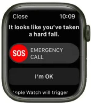 Alert: It looks like you've taken a hard fall. Options: SOS Emergency Call, I'm OK. Apple Watch will trigger.