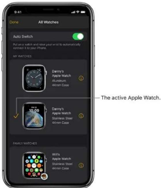9:41 Done All Watches Auto Switch Put on a watch and raise your wrist to automatically connect it to your iPhone. MY WATCHES Danny's Apple Watch Aluminum 44mm Case The active Apple Watch. 10:09 Danny's Apple Watch Stainless Steel 44mm Case FAMILY WATCHES WiFi's Apple Watch Stainless Steel 44mm Case