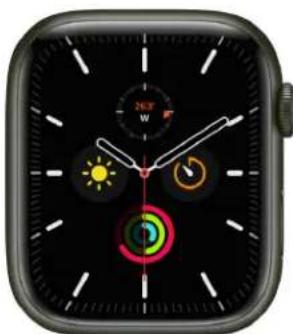 Close-up of a smartwatch face with clock, sun, and colorful abstract icons (no readable text or symbols)