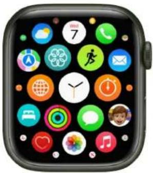 Smartwatch home screen displaying app icons with a clock, heart, and musical notes