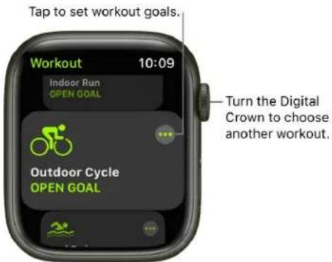 Tap to set workout goals. Workout 10:09 Indoor Run OPEN GOAL Outdoor Cycle OPEN GOAL Turn the Digital Crown to choose another workout.