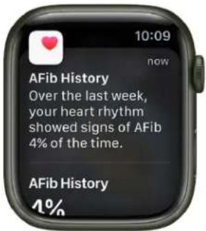 10:09 AFib History now Over the last week, your heart rhythm showed signs of AFib 4% of the time. AFib History 1%