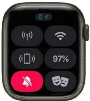 Smartwatch screen displaying app control buttons with icons for notification, Wi-Fi, phone, and audio.
