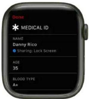 Medical ID screen: Name Danny Rico, sharing on lock screen, age 35, blood type A+.