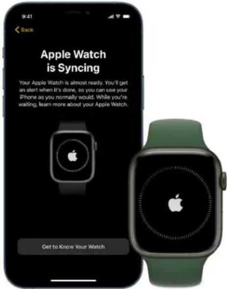 9:41 Back Apple Watch is Syncing Your Apple Watch is almost ready. You'll get an alert when it's done, so you can use your iPhone as you normally would. While you're waiting, learn more about your Apple Watch. Get to Know Your Watch