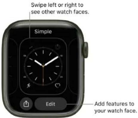 Instructions: Swipe left or right to see other watch faces. Simple face with Edit option. Add features to your watch face.