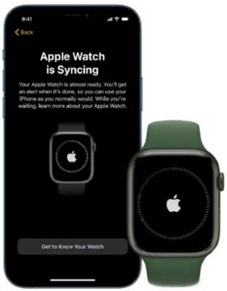 9:41 Back Apple Watch is Syncing Your Apple Watch is almost ready. You'll get an alert when it's done, so you can use your iPhone as you normally would. While you're waiting, learn more about your Apple Watch. Get to Know Your Watch