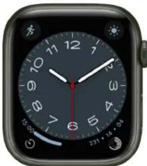 Close-up of a black smartwatch face showing approximately 12:30, with no visible text or symbols on the clock face.