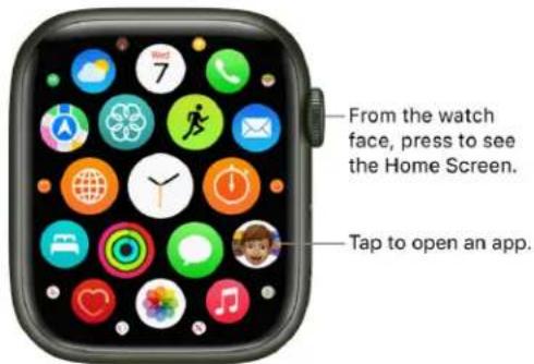 From the watch face, press to see the Home Screen. Tap to open an app.