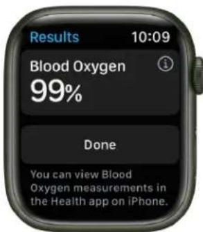 Results 10:09 Blood Oxygen 99% Done You can view Blood Oxygen measurements in the Health app on iPhone.