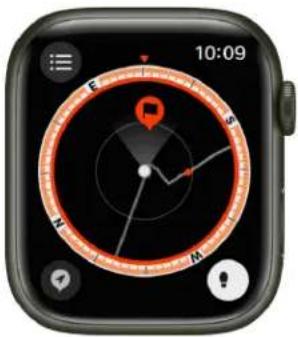 Smartwatch interface displaying a compass with red and orange needle, no readable text or symbols on the dial itself.