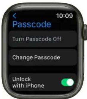 10:09. Passcode. Turn Passcode Off. Change Passcode. Unlock with iPhone.