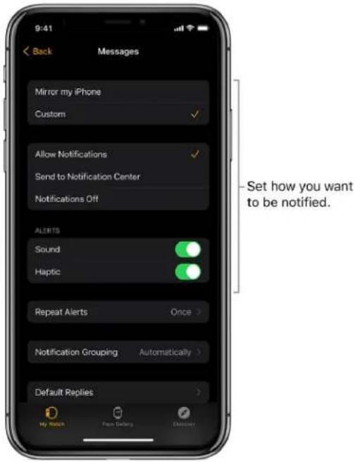 9:41 Back Messages Mirror my iPhone Custom ✓ Allow Notifications ✓ Send to Notification Center Notifications Off ALERTS Sound ✓ Haptic ✓ Repeat Alerts Once > Notification Grouping Automatically > Default Replies > My Search Face Delivery Discover Set how you want to be notified.
