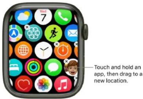 Touch and hold an app, then drag to a new location.