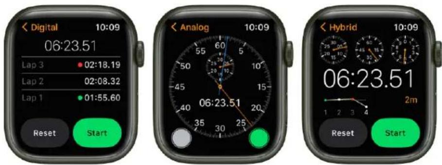 < Digital 10:09 06:23.51 Lap 3 02:18.19 Lap 2 02:08.32 Lap 1 01:55.60 Reset Start Analog 10:09 55 60 50 10 -45 15 40 20 35 25 06:23.51 Hybrid 10:09 2m 1 2 3 4 Reset Start