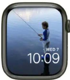 Smartwatch interface displaying a child fishing with a time display showing 10:09 (no readable text or symbols on the image itself)