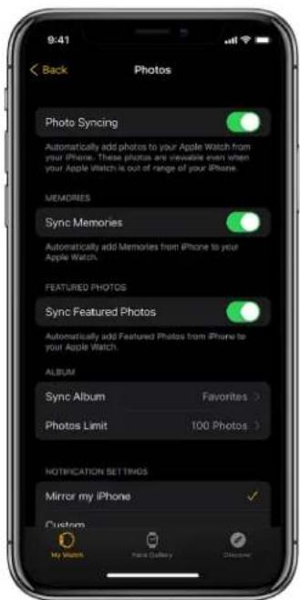 9:41 Back Photos Photo Syncing Automatically add photos to your Apple Watch from your iPhone. These photos are invalid even when your Apple Watch is out of range of your iPhone. MEMORIES Sync Memories Automatically add Memories from iPhone to your Apple Watch. FEATURED PHOTOS Sync Featured Photos Au…