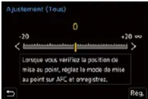 Ajustement (Tous) 0 -20 +20 ∞ Lorsque vous vérifiez la position de mise au point, réglez le mode de mise au point sur AFC et enregistrez. Rég.