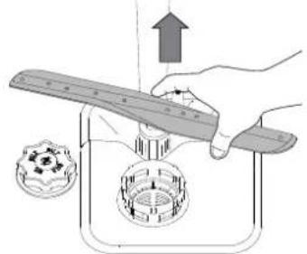 Illustration of a hand using a tool to press a mechanical component with a gear and a rotating wheel. No text or symbols.