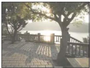 Scenic outdoor scene with a stone pathway, railing, and trees under a golden sky (no text or symbols visible)