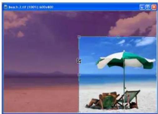Beach scene with lounge chairs and a beach umbrella against a purple sky (no text or symbols)