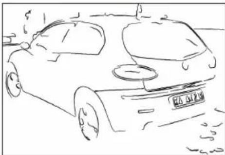 Line drawing of a car with visible license plate and exhaust plume (no text or symbols)