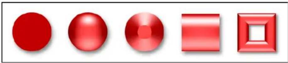 Five red geometric shapes: solid circle, sphere, lens, rounded rectangle, and square (no text or symbols)
