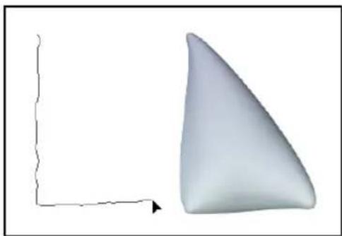 3D rendered object with a curved surface and an arrow pointing to its left side (no text or symbols)